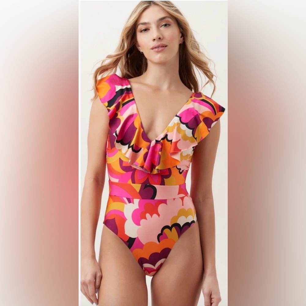 Trina Turk NWT Ruffle Deep V One Piece Swimsuit Size 10